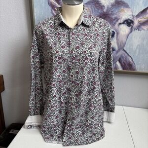 Ted Baker Women's Size 5 Pink Green White Floral Flip Cuff Long Sleeve Button Up